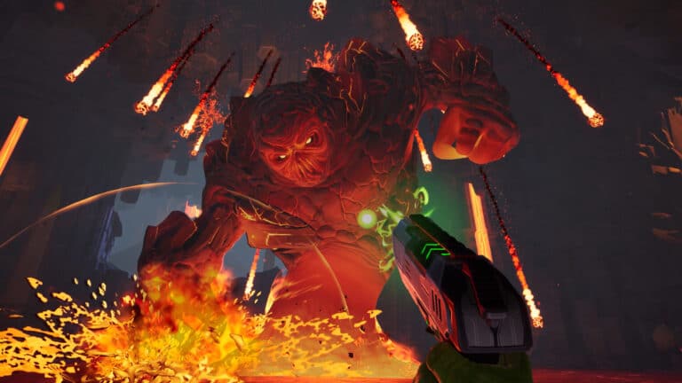 A giant lava monster attacks in Serious Sam: Shatterverse