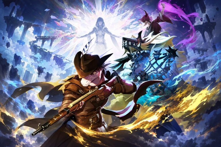 Three Shape of Dreams Travelers charging through a shattered dreamscape