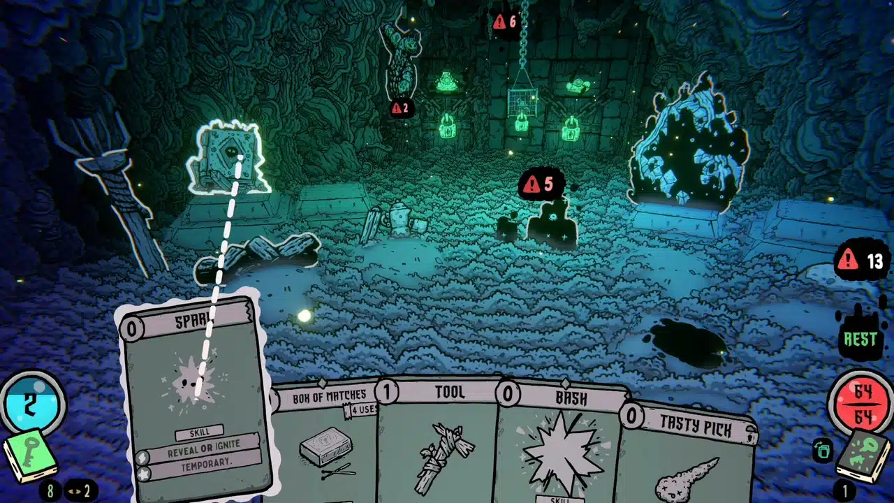 A hand of cards in a hand-drawn Shroom and Gloom dungeon