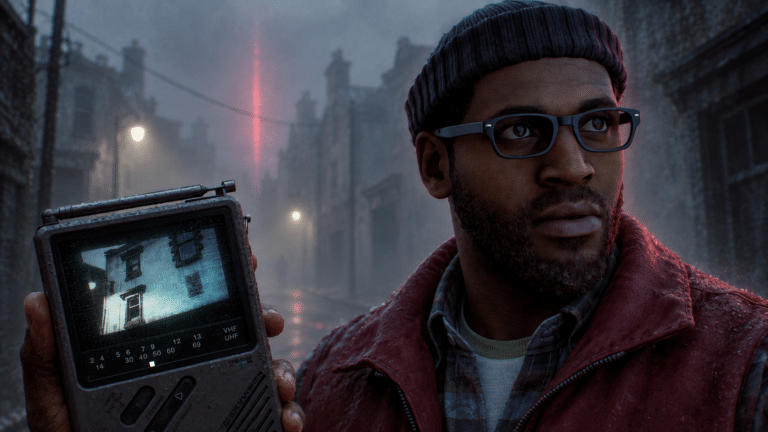Simon Ordell holds the CRTV device in the foggy streets of Silent Hill Townfall