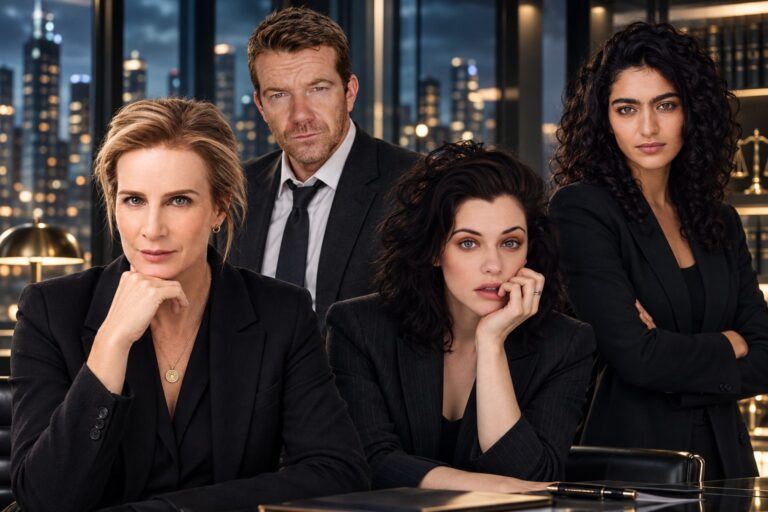 Rachel Griffiths, Max Beesley, Jessica De Gouw and Roxie Mohebbi in a Melbourne legal office
