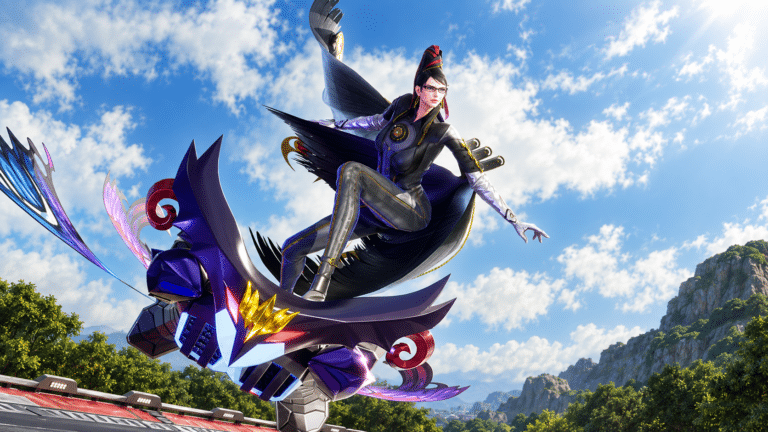 Bayonetta poses on the Butterfly Witch machine in Sonic Racing CrossWorlds
