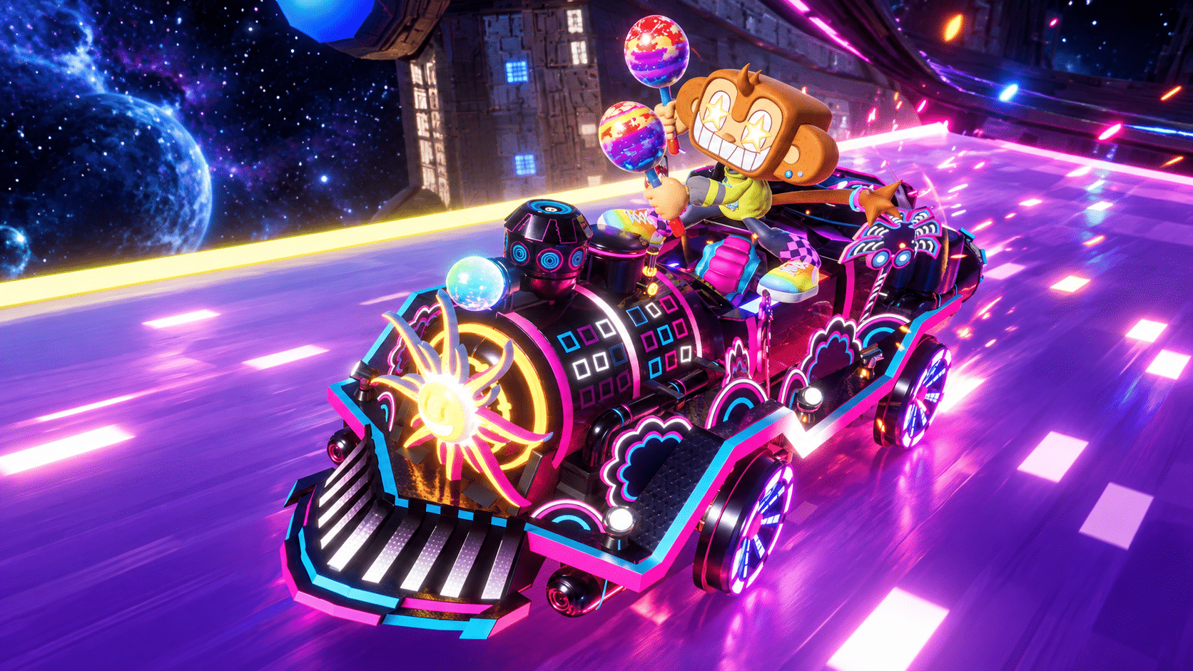 Amigo races the Locomotive de Amigo vehicle through a neon track in Sonic Racing: CrossWorlds