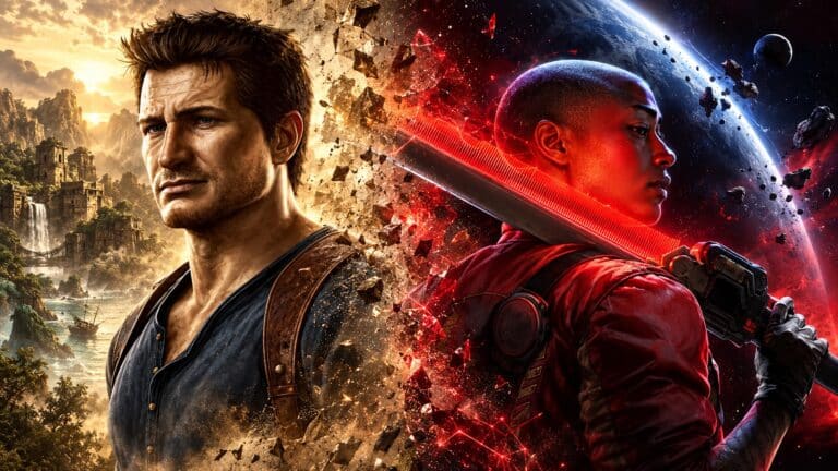 Nathan Drake and Jordan A. Mun split by a dissolving red cosmic seam