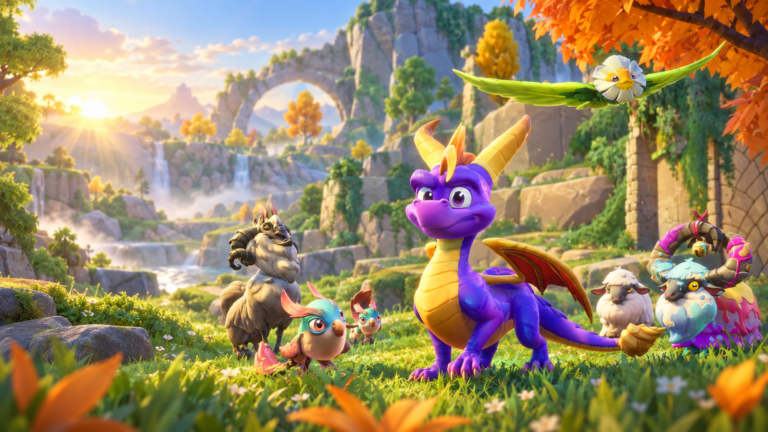 Spyro and creatures in the sunlit Arcadian Vale from Spyro: A Realm Beyond