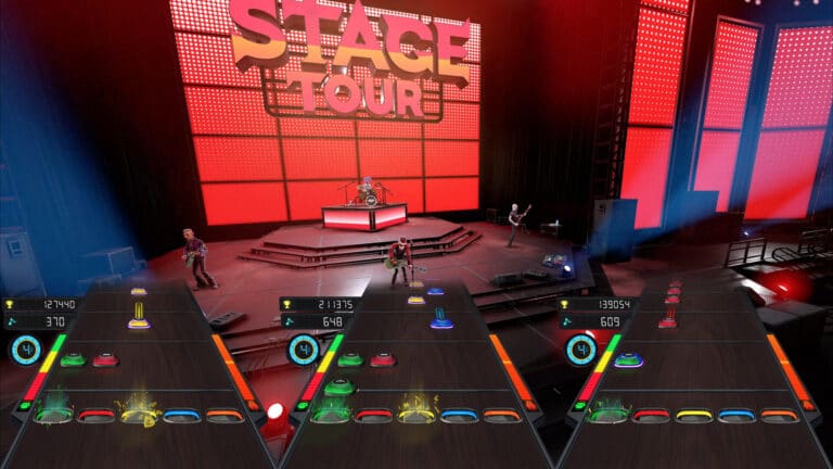 Stage Tour gameplay showing three note highways in front of a virtual rock band