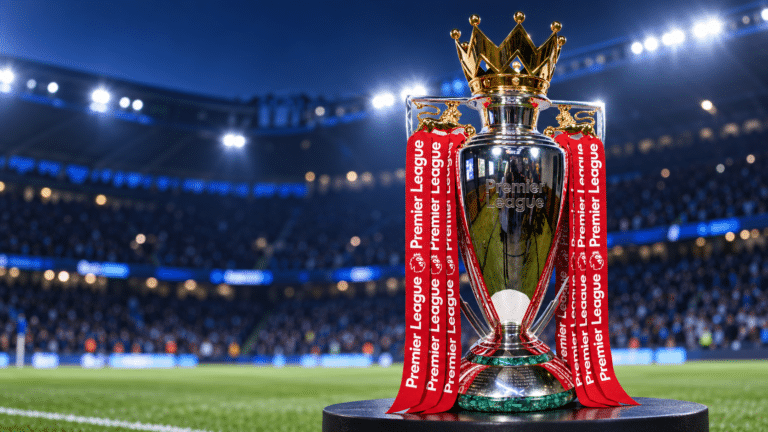 Premier League trophy under stadium lights