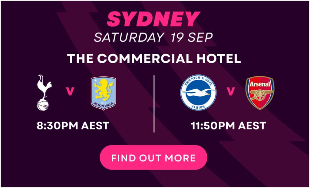 Stan Sport Sydney event card for Tottenham against Aston Villa and Brighton against Arsenal on 19 September