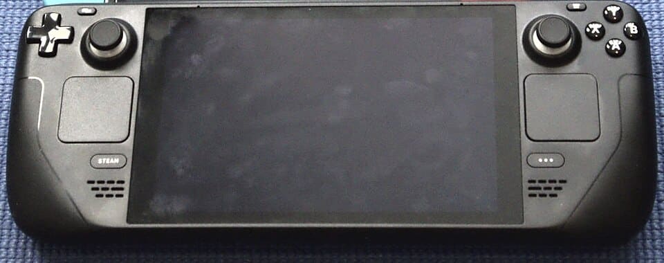 Front view of a Valve Steam Deck handheld gaming computer.