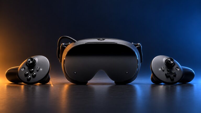Valve Steam Frame headset and controllers in a blue and amber studio scene