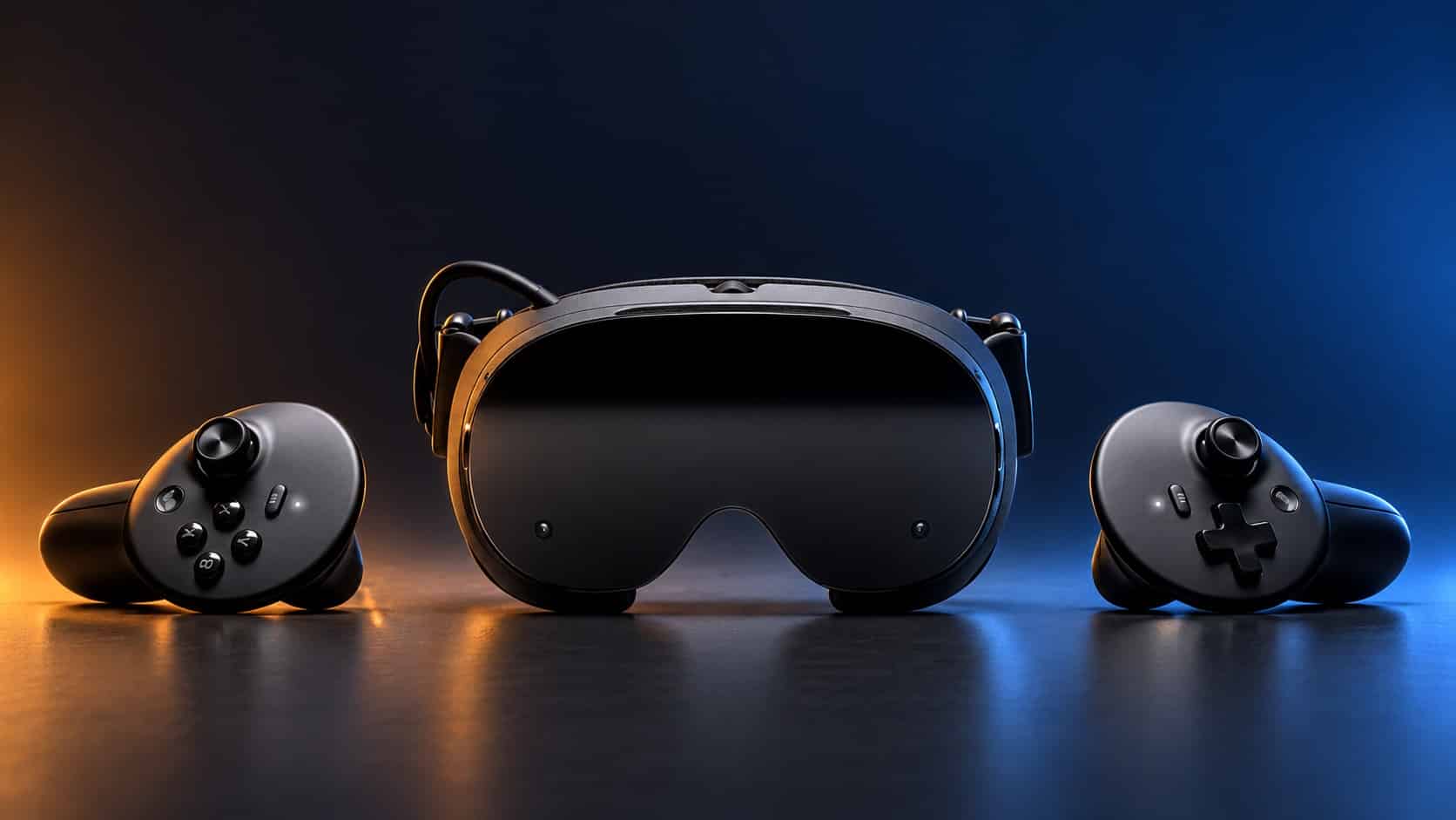Valve Steam Frame headset and controllers in a blue and amber studio scene