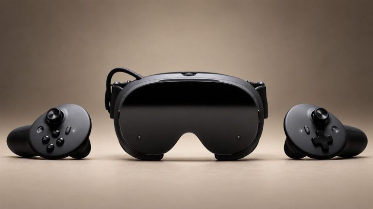 Valve Steam Frame headset and controllers on a neutral background.