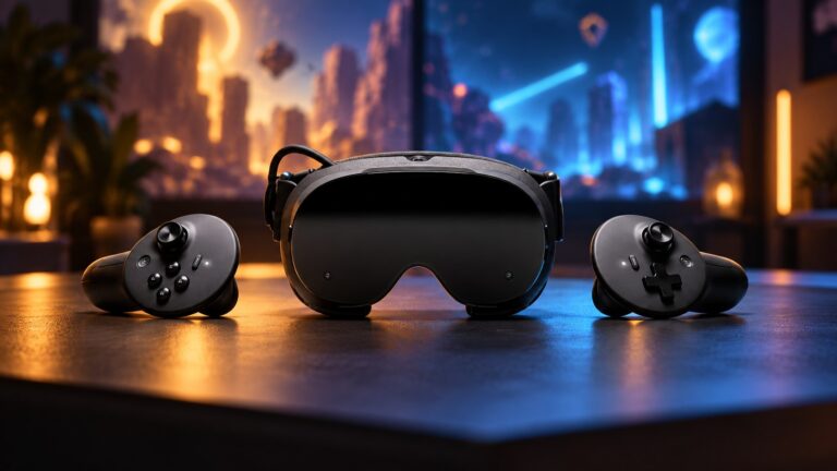 Editorial illustration of the Steam Frame VR headset and two controllers against a cinematic gaming backdrop
