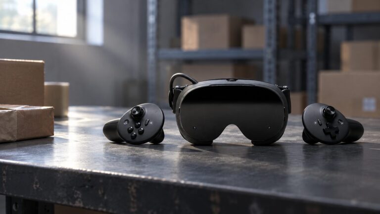 Steam Frame headset and controllers waiting on a warehouse dispatch table