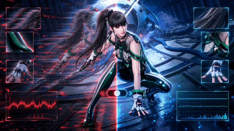 EVE shown between artifacted and clean rendering modes in Stellar Blade on Switch 2