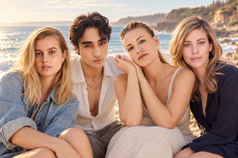 Angourie Rice, Brendon Tremblay, Yvonne Strahovski and Brooke Satchwell on an Australian coast