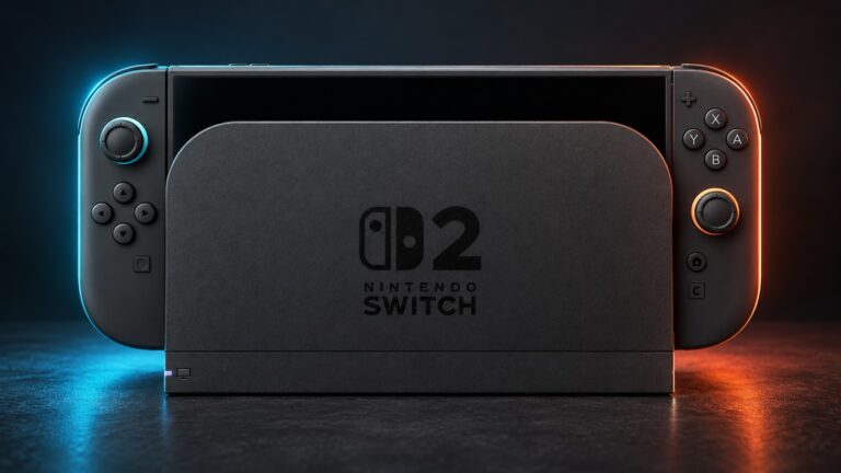A Nintendo Switch 2 console seated in its dock under blue and orange studio lighting