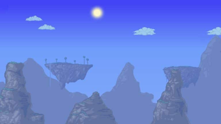 Floating islands and mountain cliffs in a bright Terraria landscape