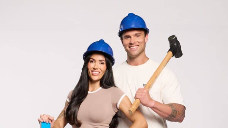 Chantel and Wyatt in blue hard hats in The Block 2026 publicity portrait
