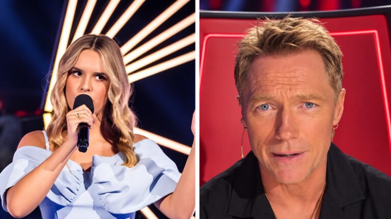 Leyla Sabo performing on The Voice Australia beside a portrait of coach Ronan Keating