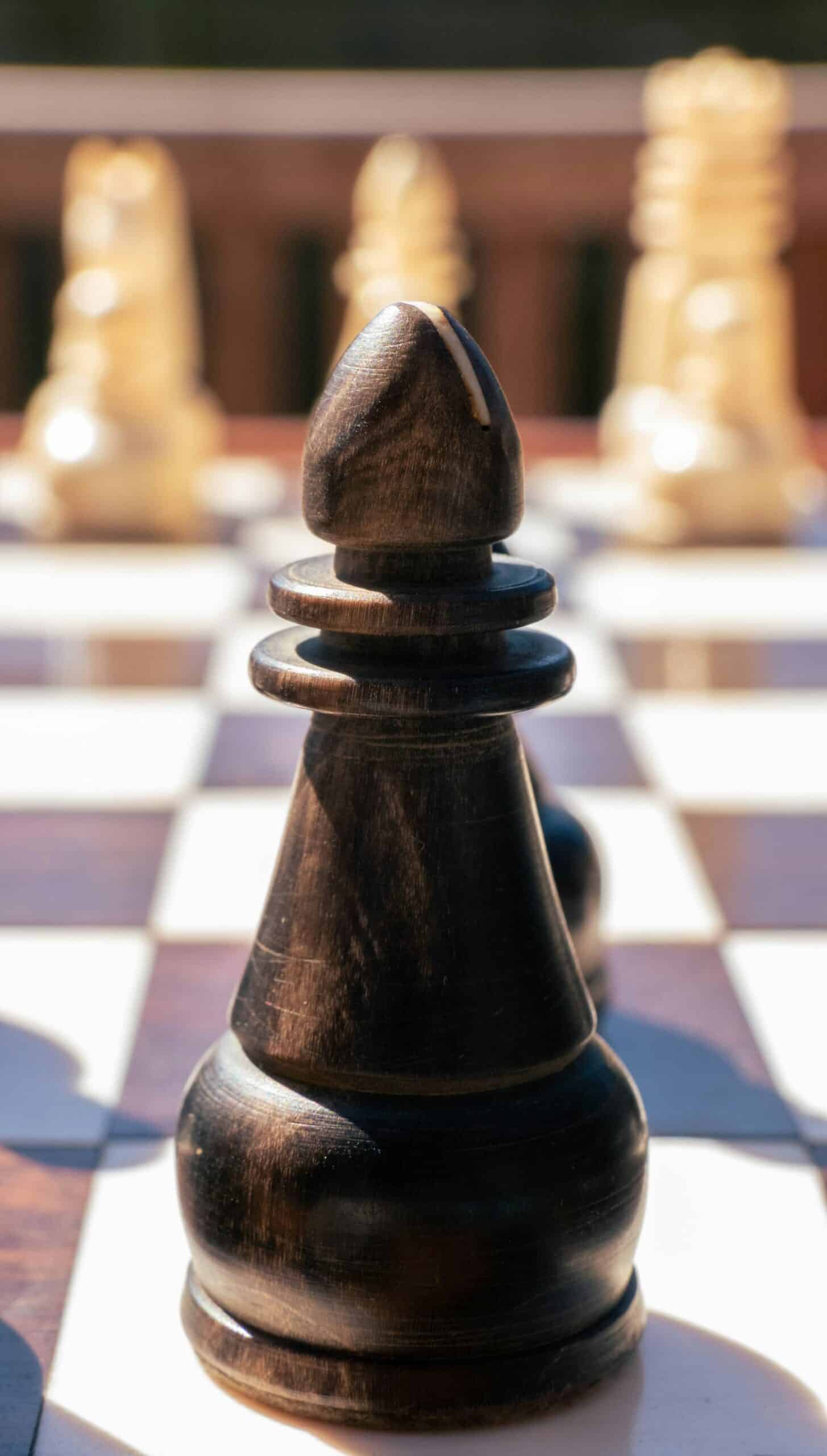A dark wooden chess piece in sharp focus on a chessboard, an illustrative image for hidden strategy in The Traitors Australia