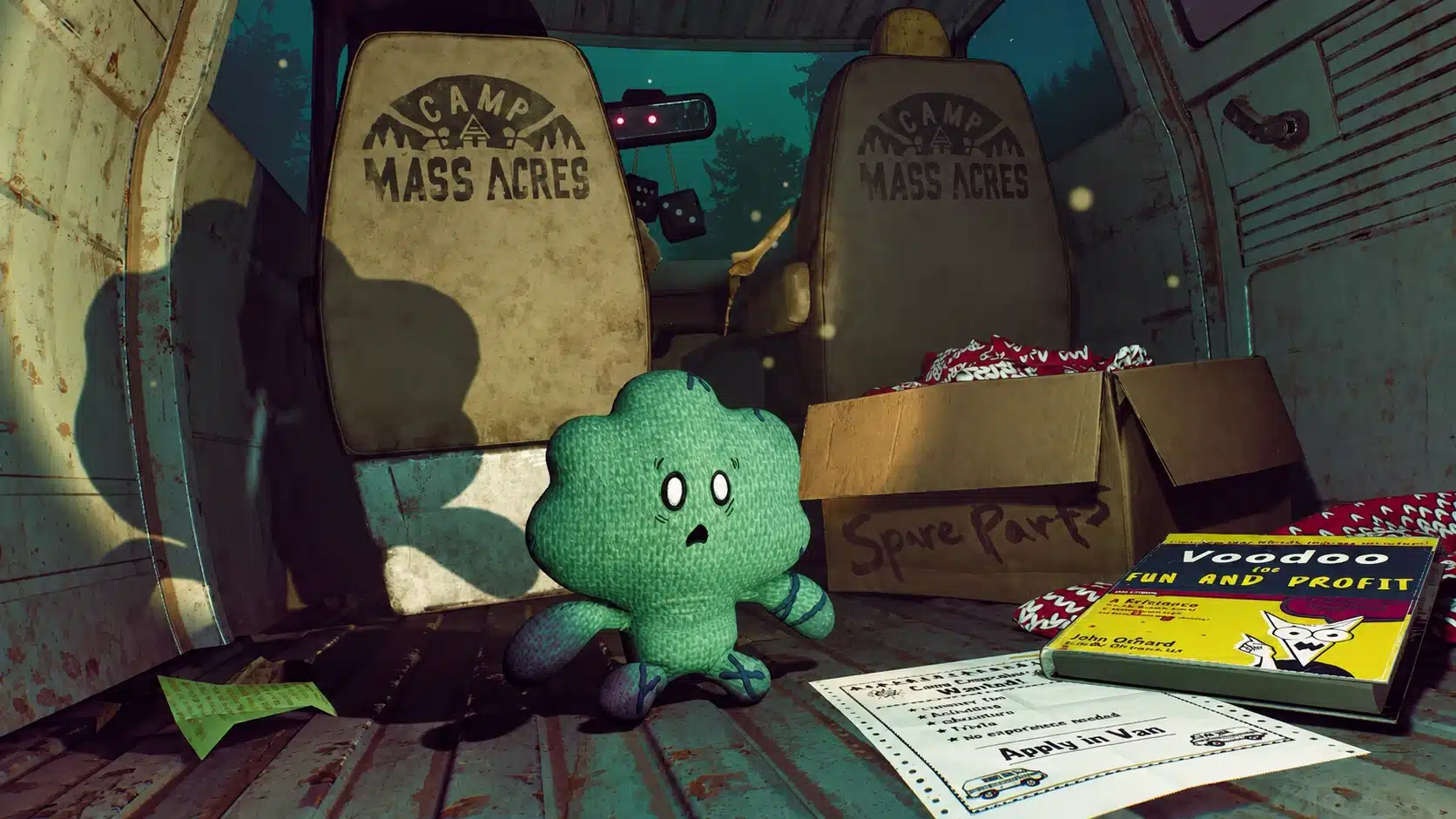 A worried green doll aboard the Camp Mass Acres bus in Trivia Murder Party 3
