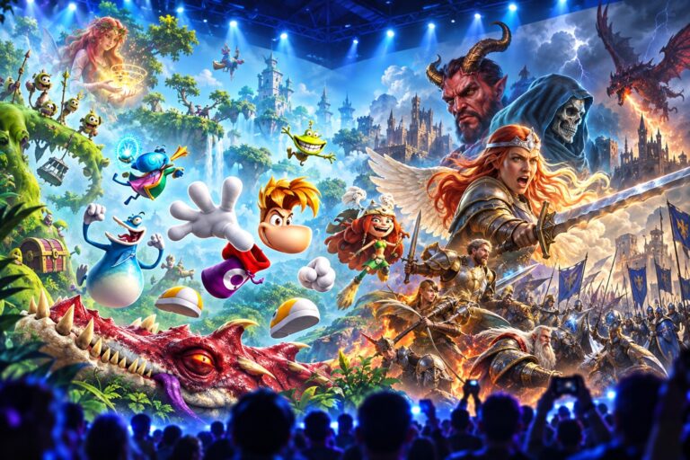 Colourful platforming characters and fantasy armies displayed on a gaming convention stage