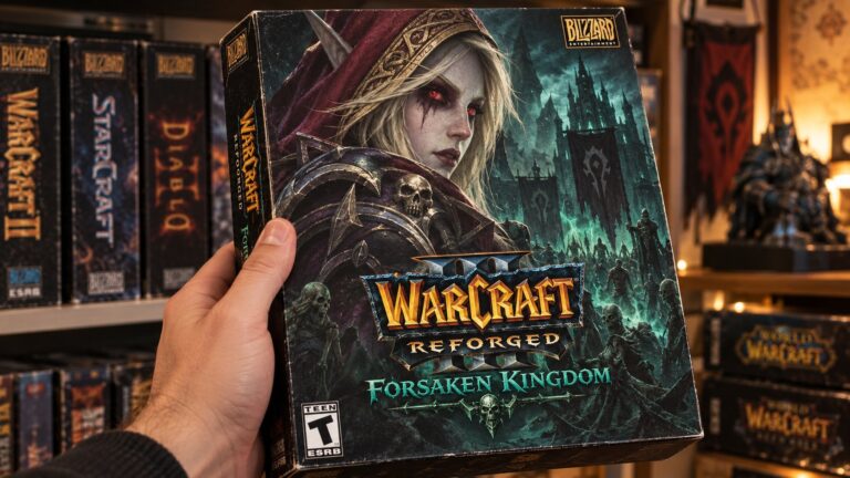 Illustrative mockup of a Warcraft III Reforged Forsaken Kingdom game box