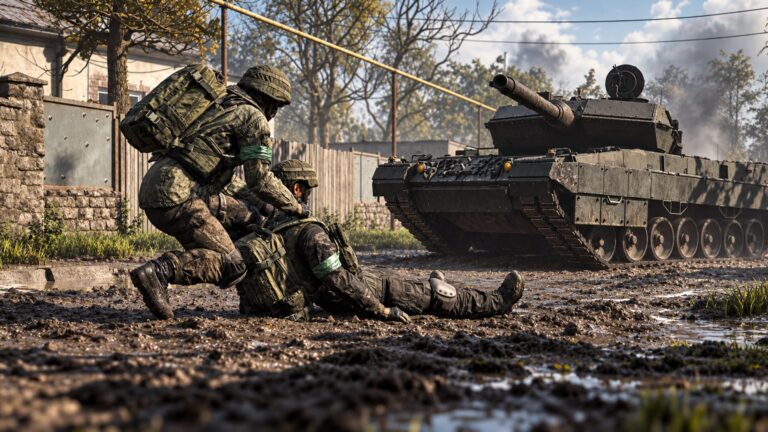 WARDOGS soldiers moving beside a tank on a muddy battlefield