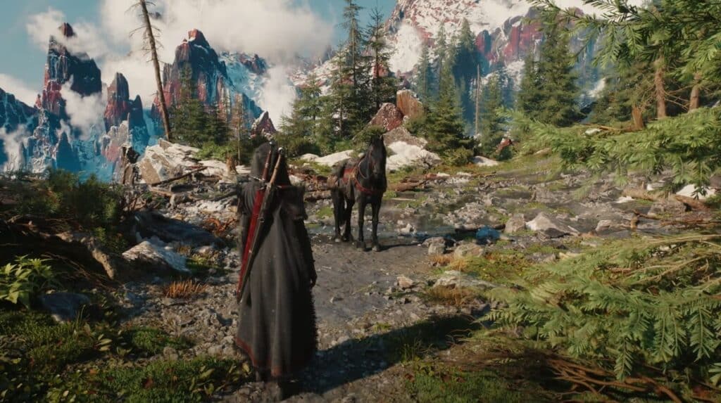 A Witcher approaches a horse in a snowy forest technical presentation