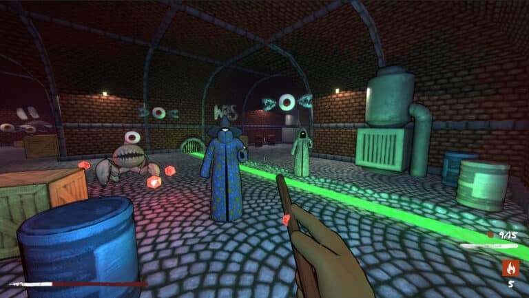 A wand faces painted wizards and floating eyeballs in Wizards in the Sewer