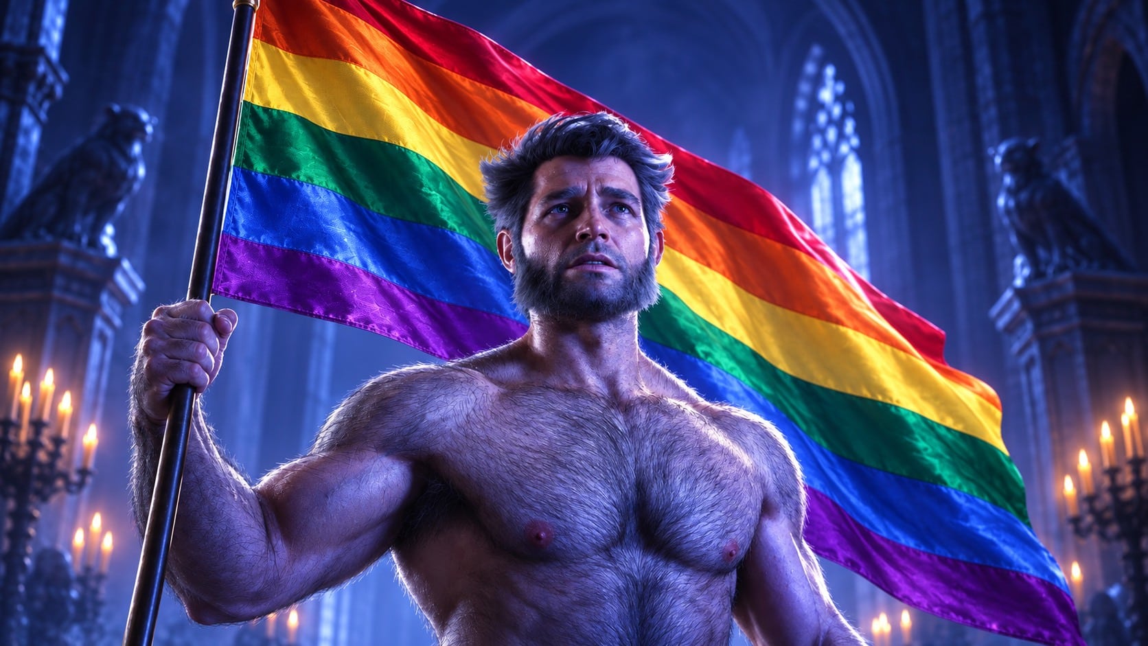Editorial illustration of a Wolverine-inspired hero holding a rainbow Pride flag