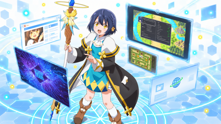Lorna uses her staff while magical internet panels display maps, guides and character statistics