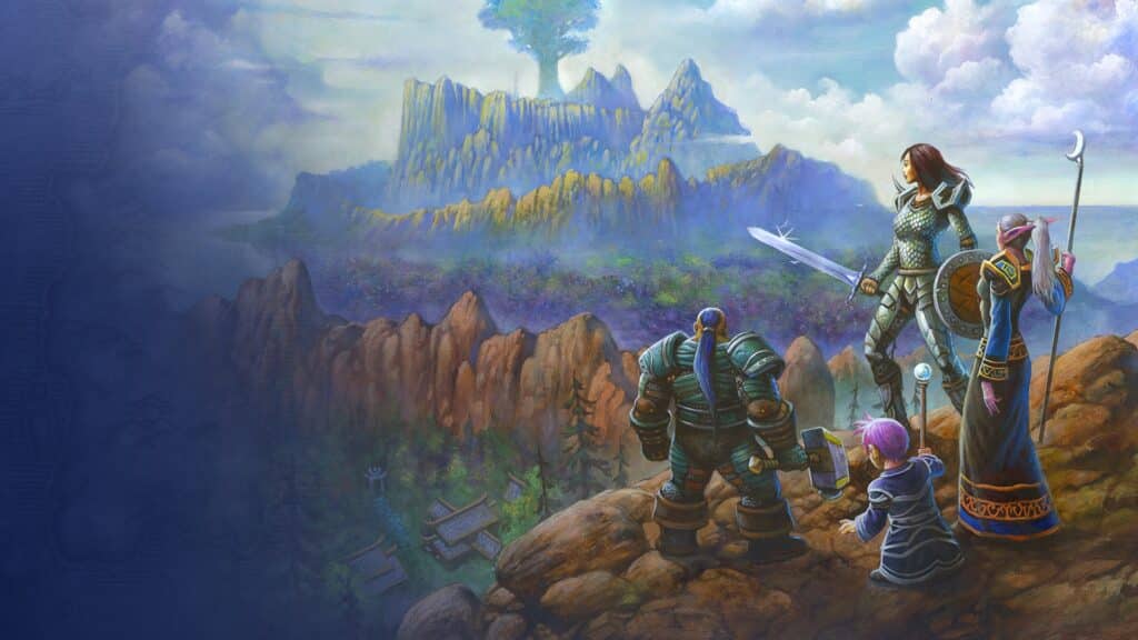 Four adventurers overlooking a valley in World of Warcraft: Forever artwork