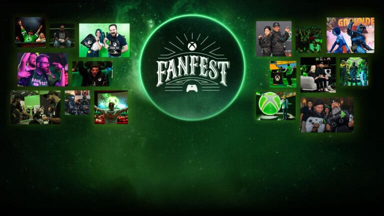 Xbox FanFest logo surrounded by photos of fans and gaming events.