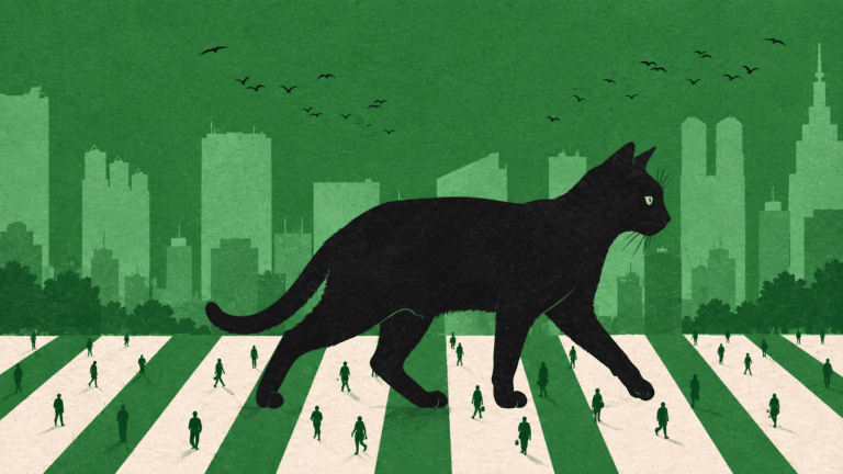 Black cat crossing a stylised green Tokyo city intersection