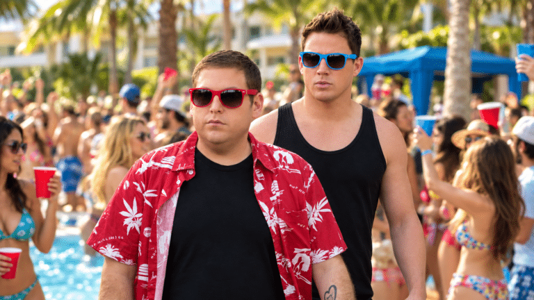 Jonah Hill and Channing Tatum at a crowded pool party in 22 Jump Street