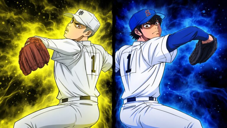 Eijun Sawamura and Mei Narumiya pitch against blue and gold backgrounds in Ace of the Diamond