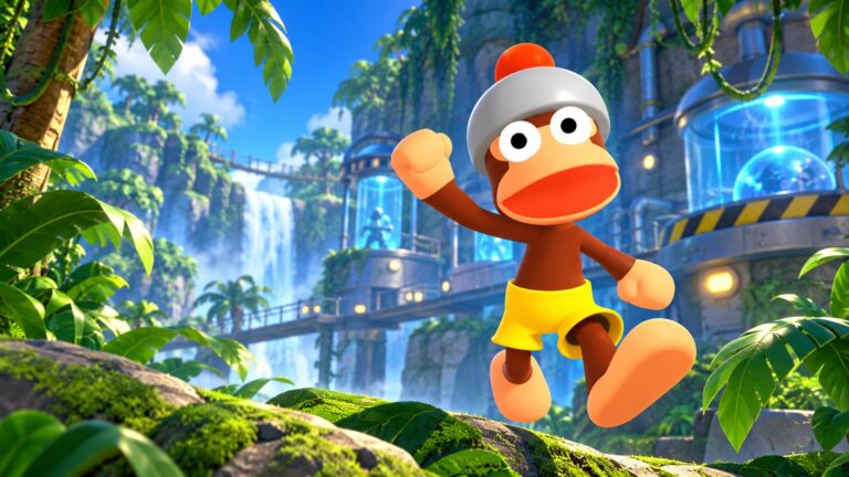 A helmeted Pipo monkey leaps through a bright jungle laboratory