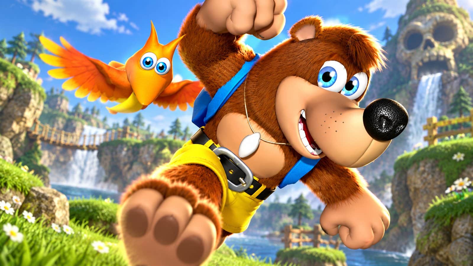 Banjo and Kazooie leap through a colourful game world