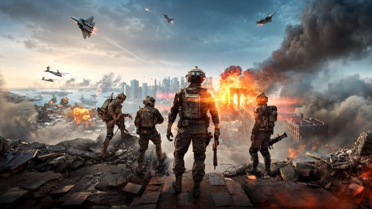 Battlefield 6 squad overlooking a war-torn city before the game joins Xbox Game Pass