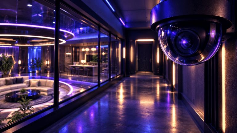 A surveillance camera overlooking a violet-lit reality television house corridor
