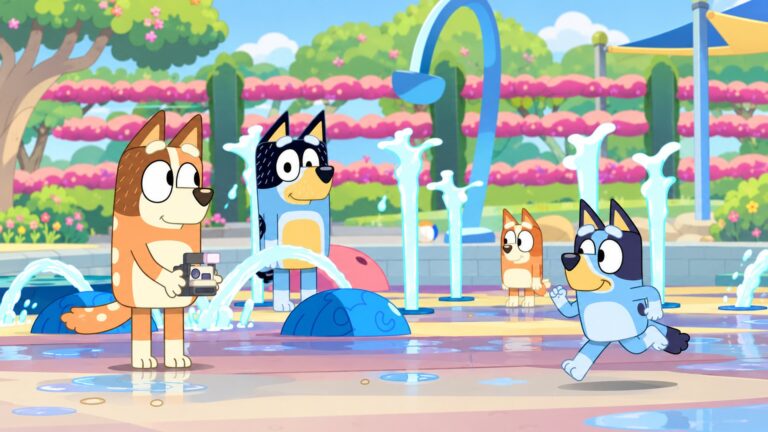 Bluey runs through a Brisbane splash park while Chilli takes a photo and the family watches