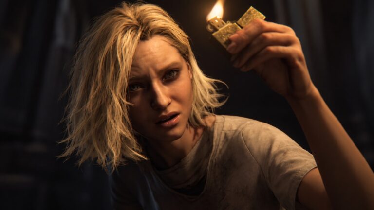Grace Ashcroft from Resident Evil Requiem lit by a raised lighter