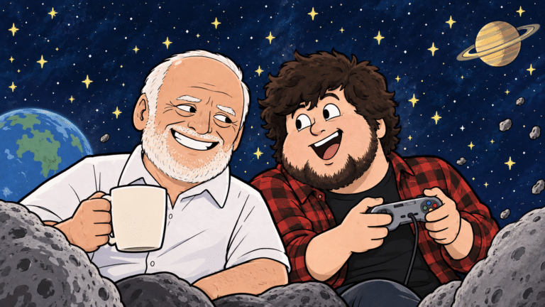 Text-free cartoon of Internet Historian’s smiling public avatar and JonTron holding a controller against a starry space backdrop.