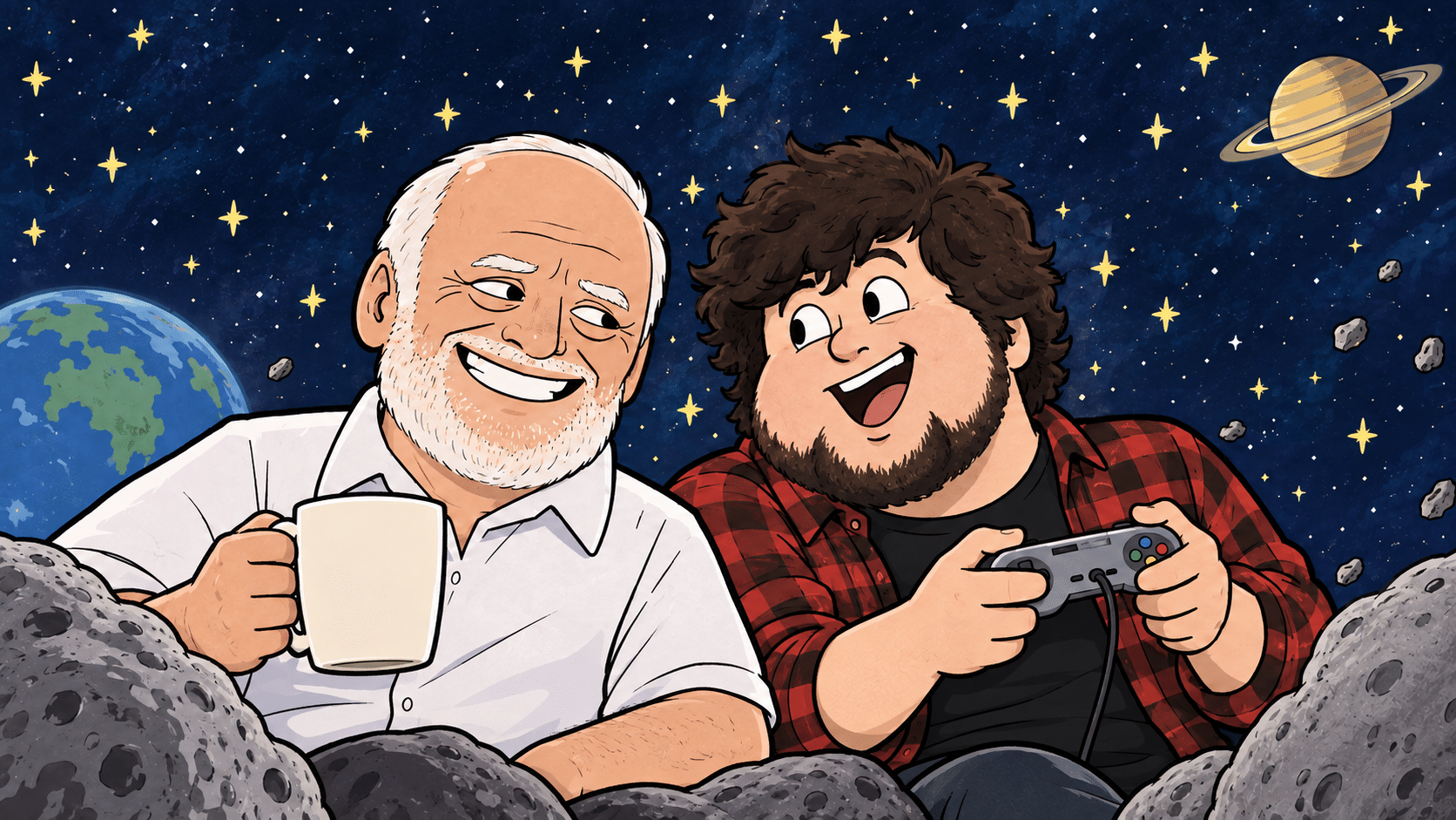 Text-free cartoon of Internet Historian’s smiling public avatar and JonTron holding a controller against a starry space backdrop.