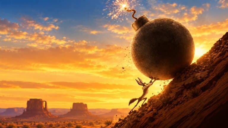 Wile E. Coyote pushes a giant round explosive up a desert cliff at sunset