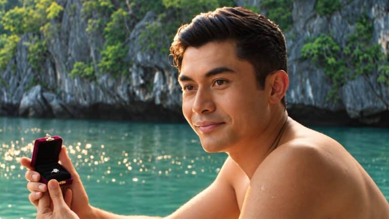 Henry Golding holding an engagement ring beside a tropical lagoon in Crazy Rich Asians