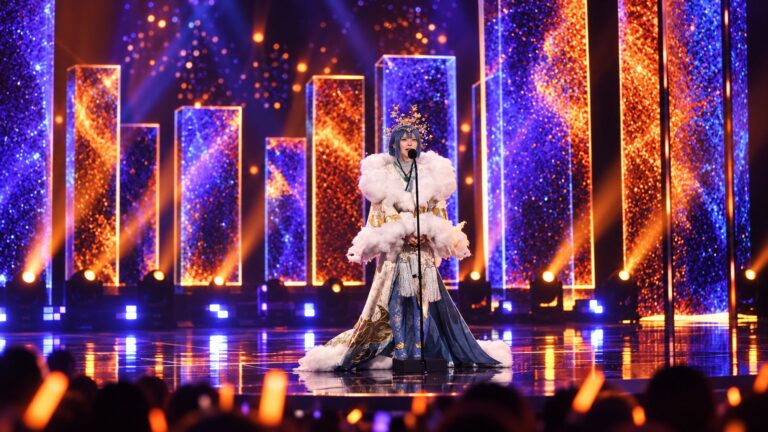 Anime Awards performer stands beneath orange and violet stage lighting before an audience