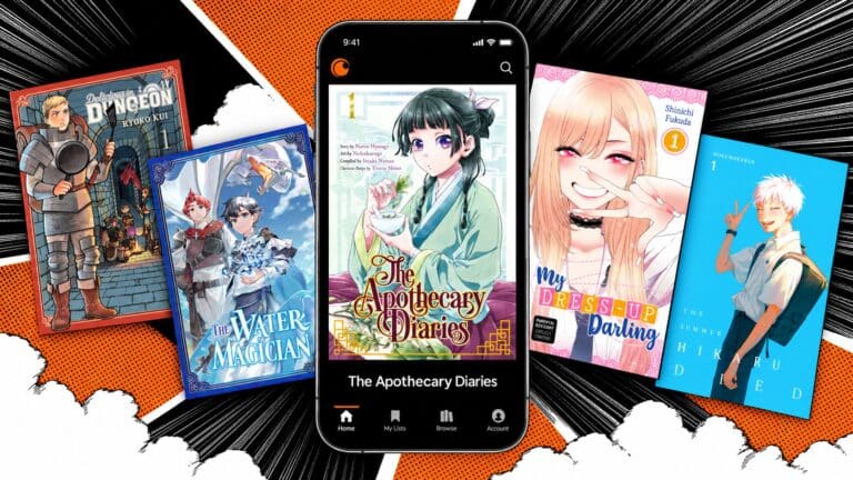 Crunchyroll Manga app surrounded by popular manga covers in orange and black launch artwork
